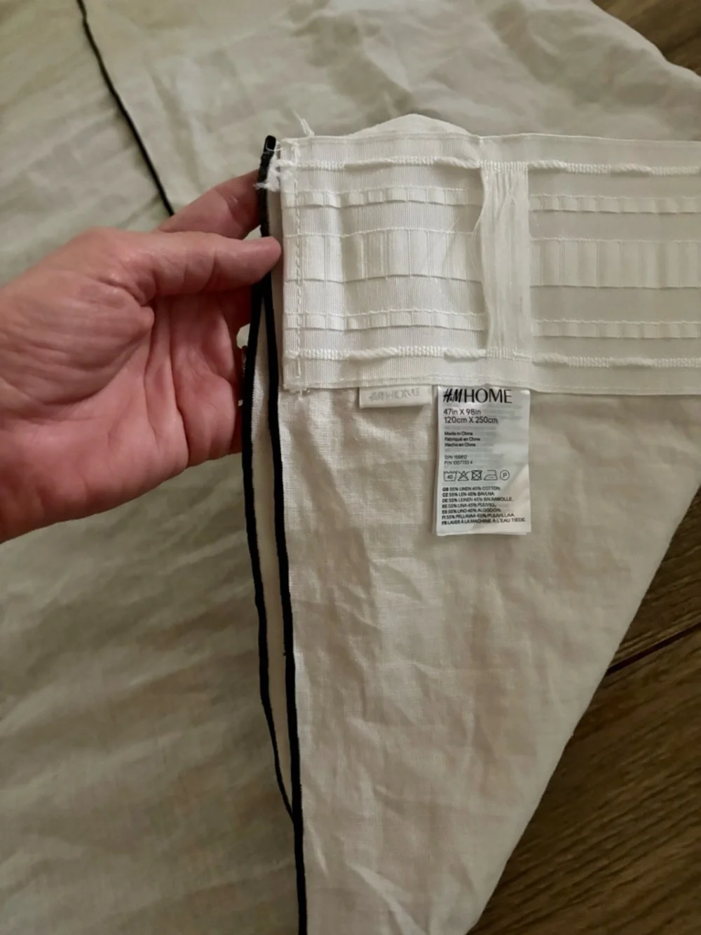 H&M Home Linen Cotton Curtain Panel Ivory Black Piping Valance 47x98